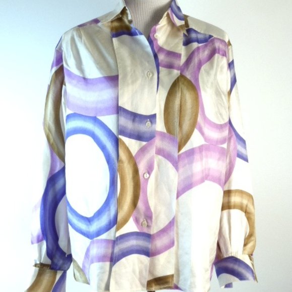 SALVATORE FERRAGAMO silk print shirt + scarf tie 6 vintage oversized white pink - Picture 1 of 7